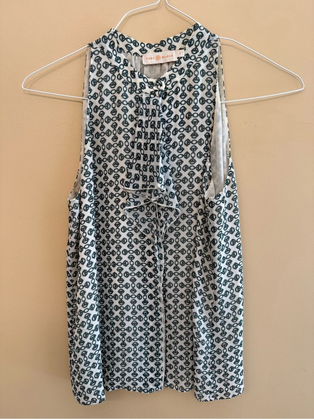 Tory Burch White and Navy Geometric Tie-Neck Sleeveless Top
